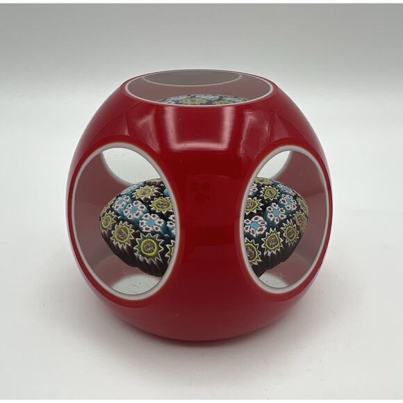 Murano Art Glass Red Cased Cut To Clear Faceted Millefiori Paperweight 3” Italy